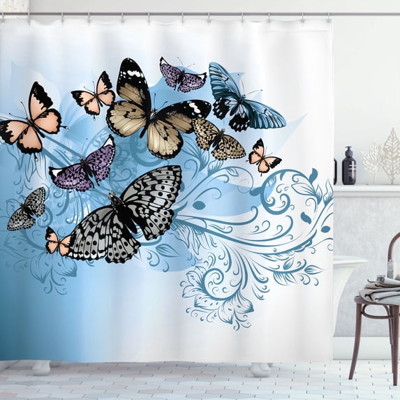 Ambesonne Butterfly Shower Curtain, Vintage Monarch Damask, 69"Wx84"L, Almond