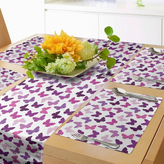 Ambesonne Butterfly Table Runner & Placemats, Butterfly Carved Wing, Placemat 4 pcs + Runner 16"x72", Purple Lilac Pink