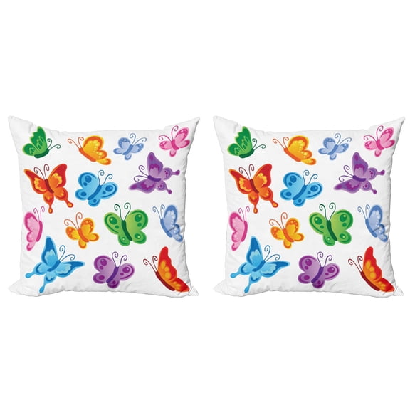 Ambesonne Butterfly Throw Pillow Cover 2 Pack, Colorful Ornate Wings, 18", Multicolor