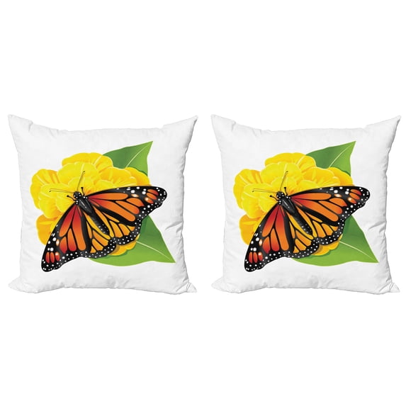 Ambesonne Butterfly Throw Pillow Cover 2 Pack, Moth Flower, 20", Yellow Green Orange