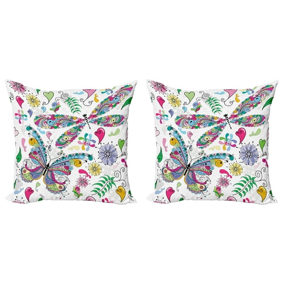Ambesonne Butterfly Throw Pillow Cover 2 Pack, Paisley Dragonfly, 24", Multicolor