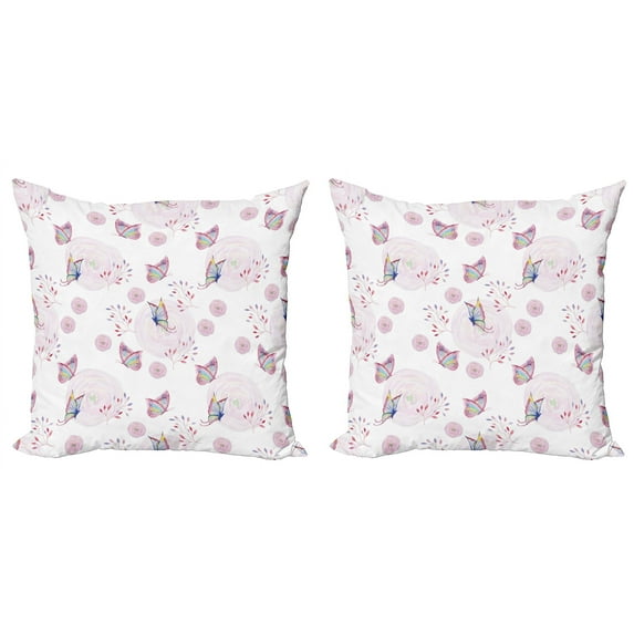 Ambesonne Butterfly Throw Pillow Cover 2 Pack, Romantic Spring Retro, 18", Pink White