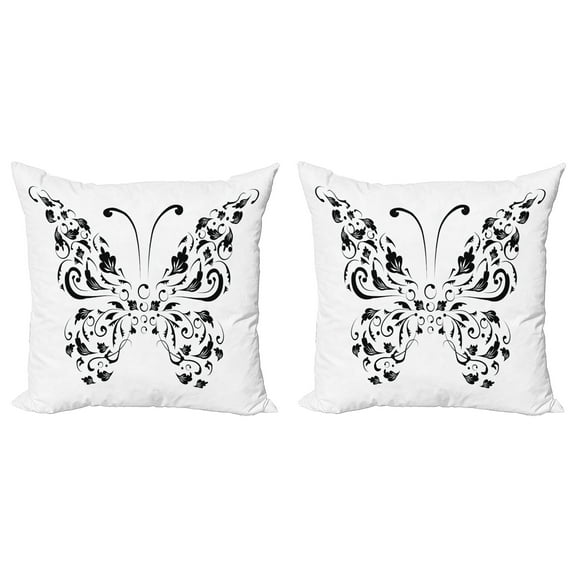 Ambesonne Butterfly Throw Pillow Cover 2 Pack, Swril Floral Blossom, 16", Black and White