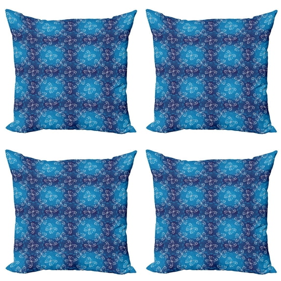 Ambesonne Butterfly Throw Pillow Cover 4 Pack, Abstract Floral Blossoms, 20", Dark Sky Blue Sea Blue