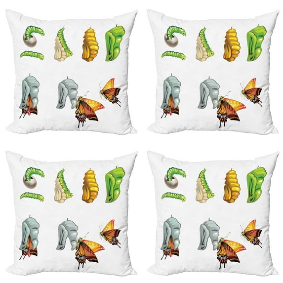 Ambesonne Butterfly Throw Pillow Cover 4 Pack, Cocoon Nature Cycle, 18", Multicolor