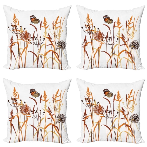 Ambesonne Butterfly Throw Pillow Cover 4 Pack, Composition with Leaves, 24", Orange Burgundy White
