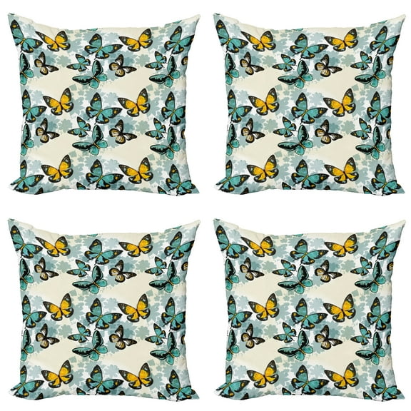 Ambesonne Butterfly Throw Pillow Cover 4 Pack, Moth Floral Silhouettes, 18", Eggshell Multicolor