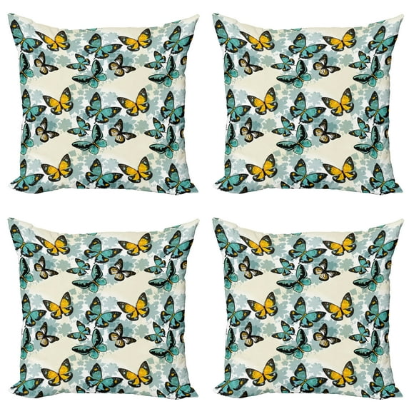 Ambesonne Butterfly Throw Pillow Cover 4 Pack, Moth Floral Silhouettes, 24", Eggshell Multicolor