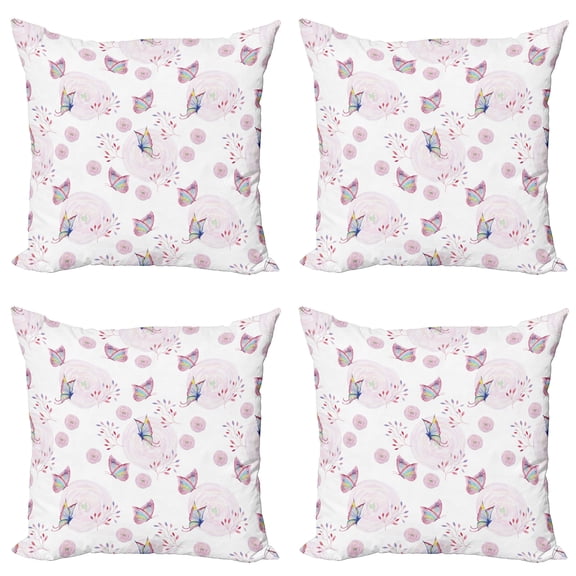 Ambesonne Butterfly Throw Pillow Cover 4 Pack, Romantic Spring Retro, 18", Pink White