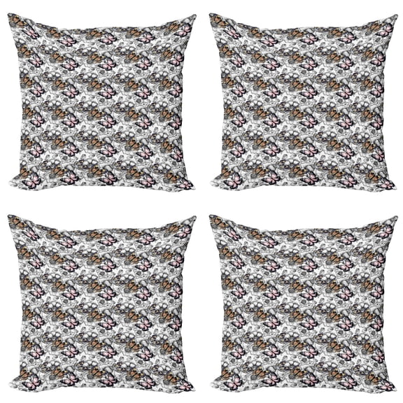 Ambesonne Butterfly Throw Pillow Cover 4 Pack, Summer Season Animal, 24", Pale Pink Orange Black