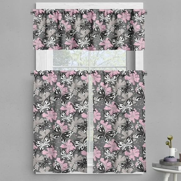 Ambesonne Butterfly Valance & Curtain, Romantic Summertime, 55"x24", Taupe Pink Black