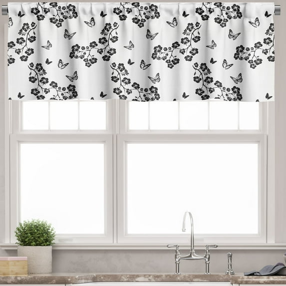 Ambesonne Butterfly Valance Pack of 2, Japanese Monochrome, 42"X12", Black White
