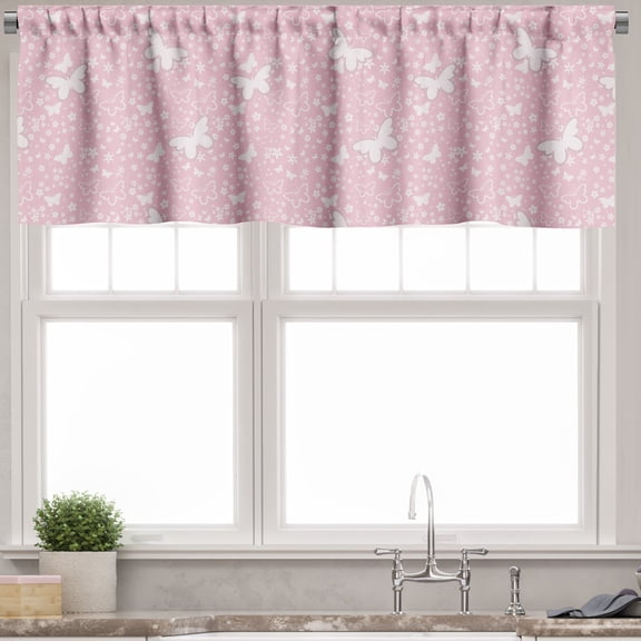 Ambesonne Butterfly Valance Pack of 2, Soft Pink Floral, 54"X12", Pale Pink White