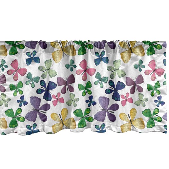 Ambesonne Butterfly Window Valance, Colorful Spring Bugs Pattern Ornamental Wings with Swirled Circle Motifs Nature, Curtain Valance for Kitchen Bedroom Decor with Rod Pocket, 54" X 18", Multicolor