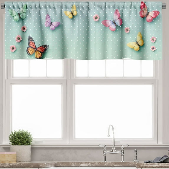 Ambesonne Butterfly Window Valance, Polka Dot Wings Flowers, 54" X 12", Almond Green Pink Mustard