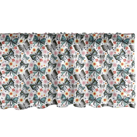 Ambesonne Butterfly Window Valance, Spring Themed Repetitive Pattern with Little Abstract Flowers and Butterflies, Curtain Valance for Kitchen Bedroom Decor with Rod Pocket, 54" X 12", Multicolor