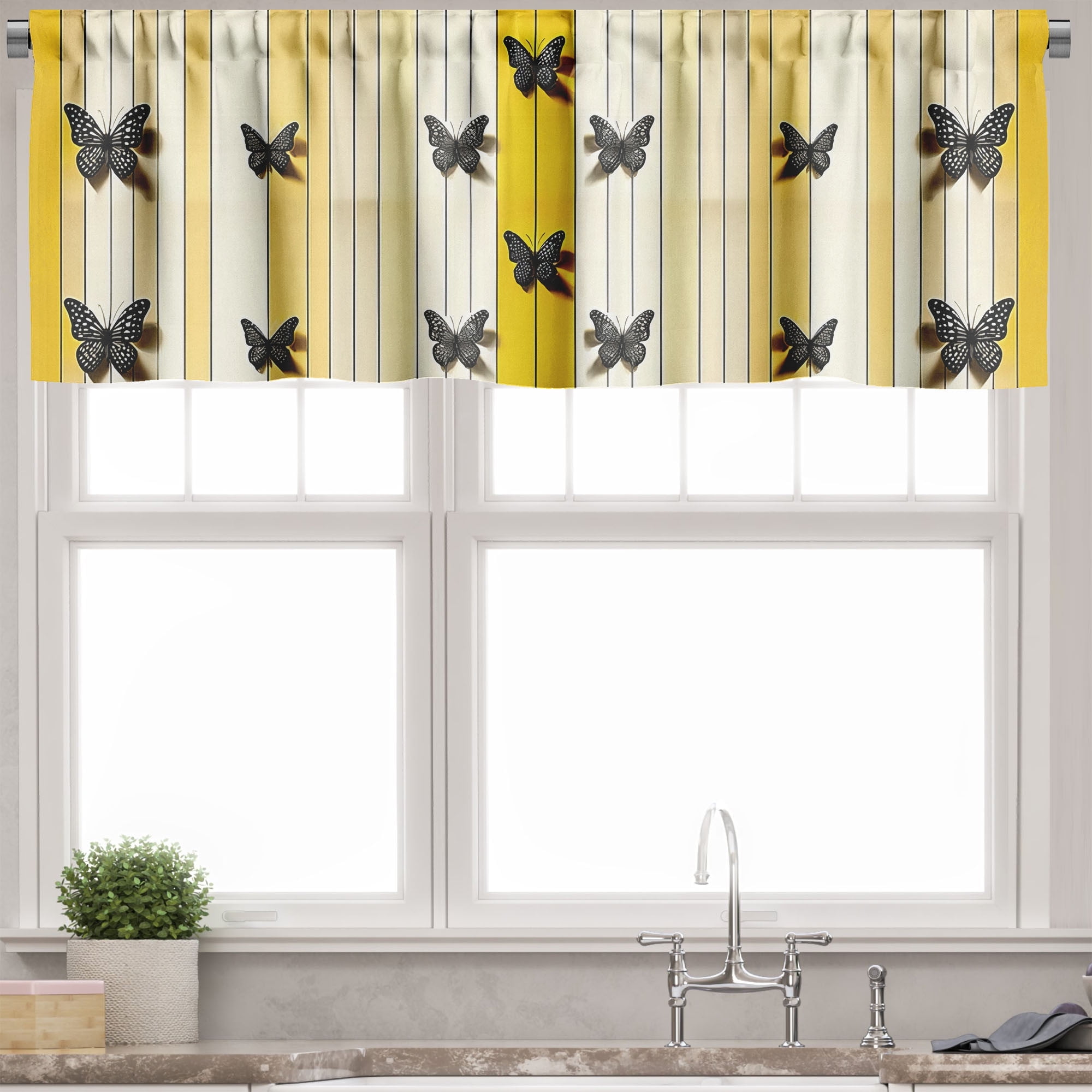 Mustard Grey Yellow Butterfly Striped Satin Rod Pocket Valance
