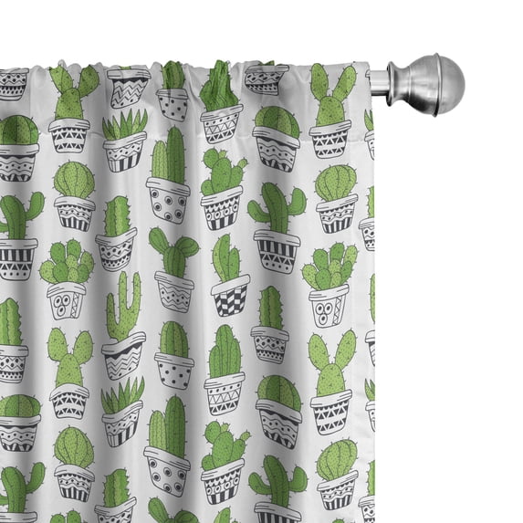 Ambesonne Cactus Window Curtains, Succulent Houseplants, Each 28" W x 63" L, Grey Apple Green