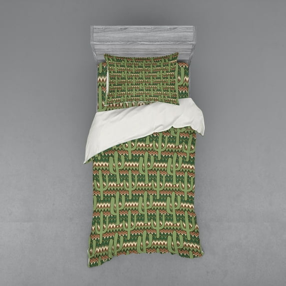 Ambesonne Cactus Bedding Set 3 Pcs, Cartoon Saguaro Zigzag, Twin, Green Pale Brown Beige