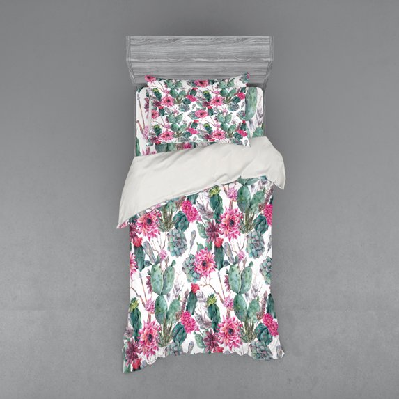Ambesonne Cactus Bedding Set 3 Pcs, Spring Blooms Boho Style, Twin, Multicolor