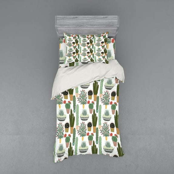 Ambesonne Cactus Bedding Set 3 Pcs, Succulents Flower Pots, Twin, Multicolor