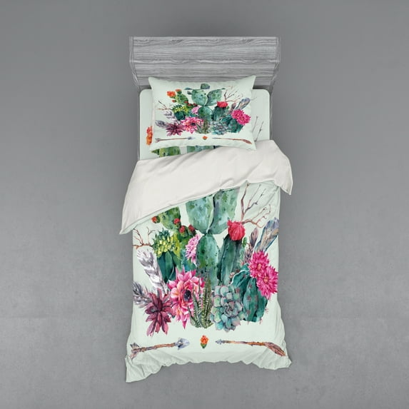 Ambesonne Cactus Bedding Set 3 Pcs, Thorny Boho Blossoms, Twin, Multicolor