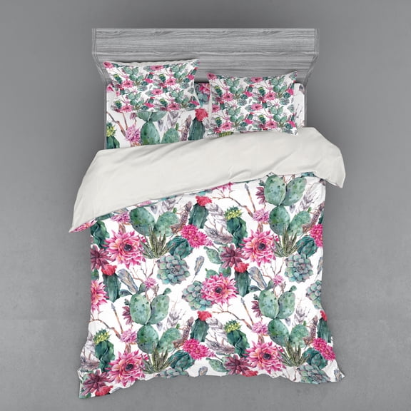 Ambesonne Cactus Bedding Set 4 Pcs, Spring Blooms Boho Style, Queen, Multicolor