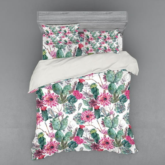Ambesonne Cactus Bedding Set 4 Pcs, Spring Blooms Boho Style, Queen, Multicolor
