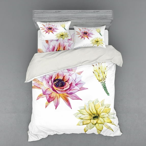 Ambesonne Cactus Bedding Set 4 Pcs, Watercolored Flowers, Queen, Pink and White