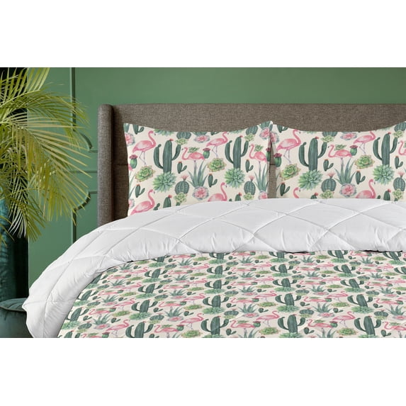 Ambesonne Cactus Down Alternative Quilt Comforter, Succulents Cactus Flamingo, Twin XL, Ivory Pink Reseda Green