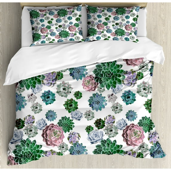 Ambesonne Cactus Duvet Cover Set, Succulent Plants Garden, 2-Calking, Multicolor