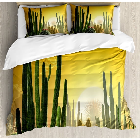 Ambesonne Cactus Duvet Cover Set, Sunset Desert Ecology, King, Marigold Yellow Green