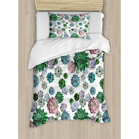 Ambesonne Cactus Duvet Cover Sets, Succulent Plants Garden, 2-Twin, Multicolor