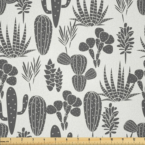 Ambesonne Cactus Fabric by the Yard Microfiber, Cacti Plant Greyscale, 5 Yards, Grey Ivory