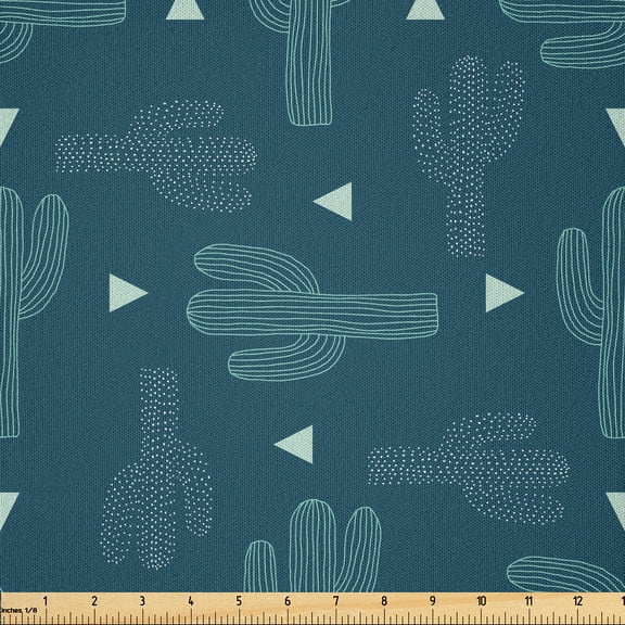Ambesonne Cactus Fabric by the Yard Microfiber, Modern Cacti and Triangles, 2 Yards, Petrol Blue Mint Green