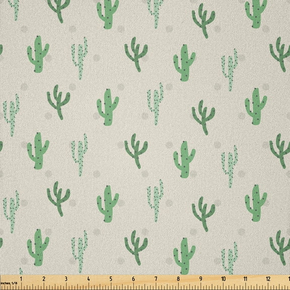 Ambesonne Cactus Fabric by the Yard Microfiber, Vivid Minimal Cacti Pattern, 1 Yard, Eggshell and Fern Green