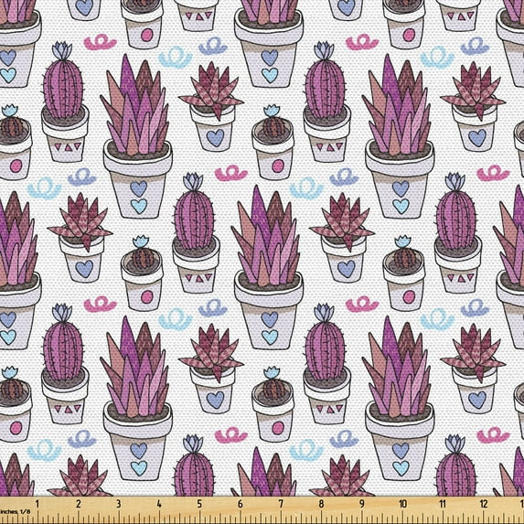 Ambesonne Cactus Fabric by the Yard Upholstery, Cacti in Pots Cartoon Print, 10 Yards, Pale Fuchsia Sky Blue