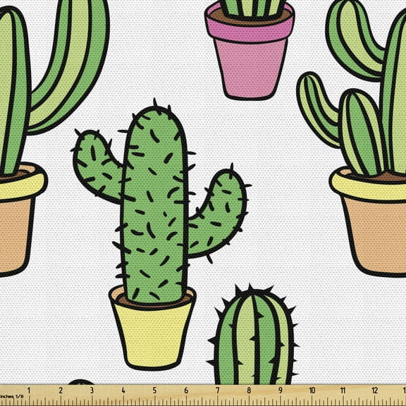 Ambesonne Cactus Fabric by the Yard Upholstery, Cartoon Succulent Flowers, 5 Yards, Peach Pink Green