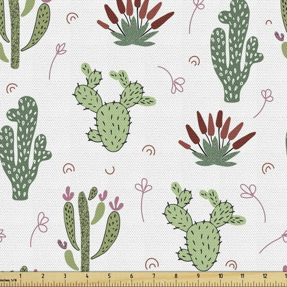 Ambesonne Cactus Fabric by the Yard Upholstery, Prickle Desert Plants Flower, 3 Yards, Vermilion Jade Green