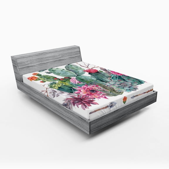 Ambesonne Cactus Fitted Sheet 2 Pcs Set, Bouquet in Boho Style Arrow, California King, Multicolor