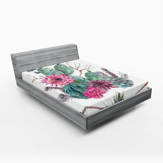 Ambesonne Cactus Fitted Sheet 2 Pcs Set, Exotic Bouquet Vintage, Full, Green Pink Brown