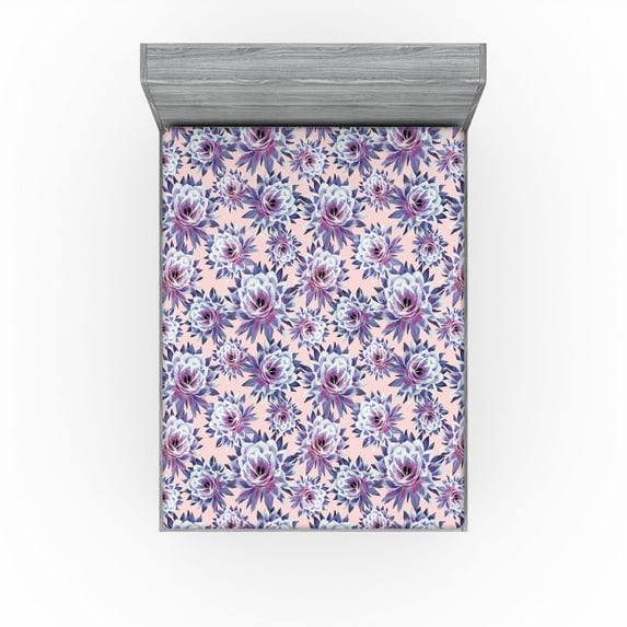 Ambesonne Cactus Fitted Sheet, Blooming Flowers Pattern, Queen Size, Dark Indigo Plum Quartz