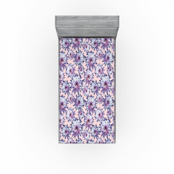 Ambesonne Cactus Fitted Sheet, Blooming Flowers Pattern, Twin Size, Dark Indigo Plum Quartz
