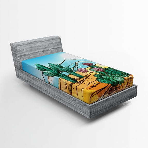 Ambesonne Cactus Fitted Sheet, Cartoon Vector Design, Twin Size, Multicolor