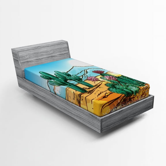 Ambesonne Cactus Fitted Sheet, Cartoon Vector Design, Twin Size, Multicolor
