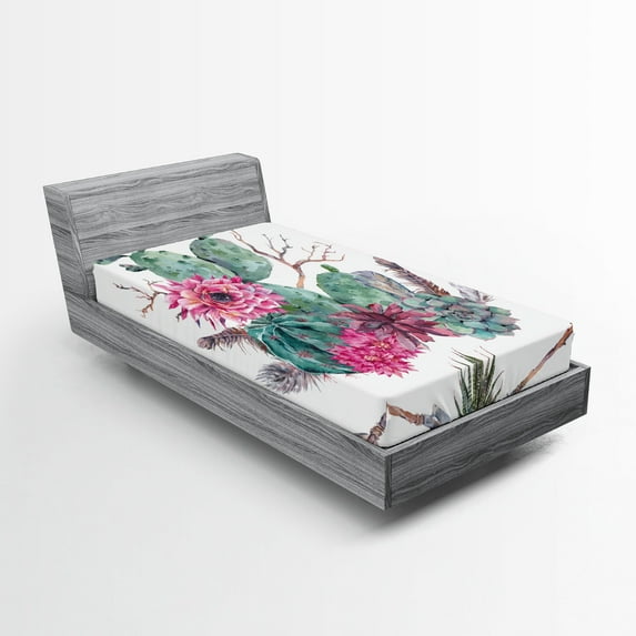 Ambesonne Cactus Fitted Sheet, Exotic Bouquet Vintage, Twin XL Size, Green Pink Brown