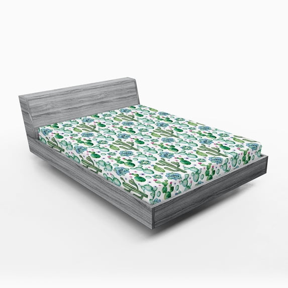 Ambesonne Cactus Fitted Sheet, Exotic Succulents Set, Queen Size, Multicolor