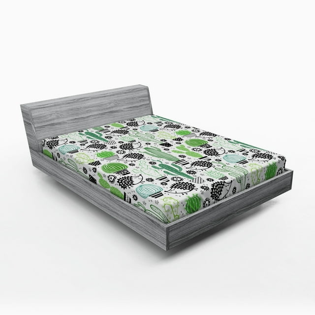 Ambesonne Cactus Fitted Sheet, Hedgehog Saguaro Cartoon, Queen Size,