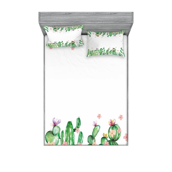 Ambesonne Cactus Fitted Sheet & Pillow Sham Set, Tender Romantic Blossoms, Queen, Green Coral Lavender