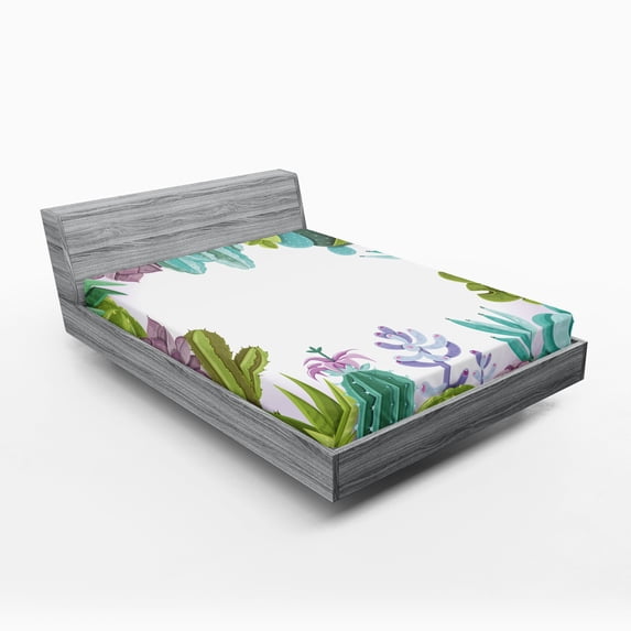 Ambesonne Cactus Fitted Sheet, Succulents Plants Frame, Full Size, Multicolor
